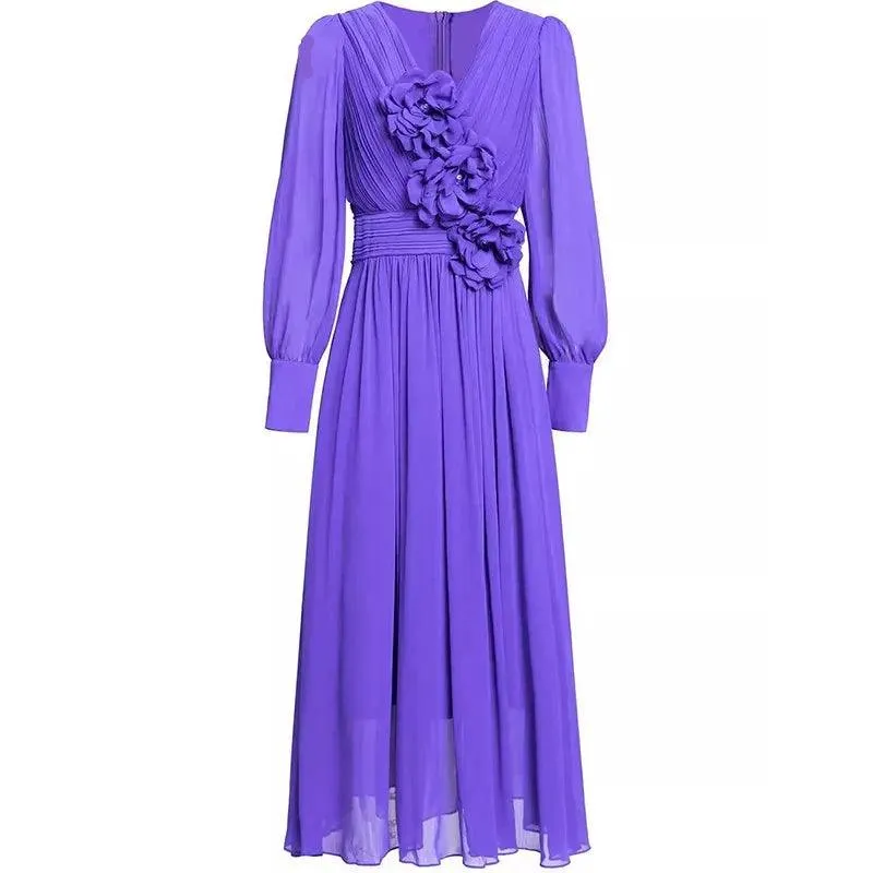 Elegant Solid Color Lantern Sleeve Dress – Women's Chic Appliqued High Waist Pleated Evening Dress for Autumn/Winter