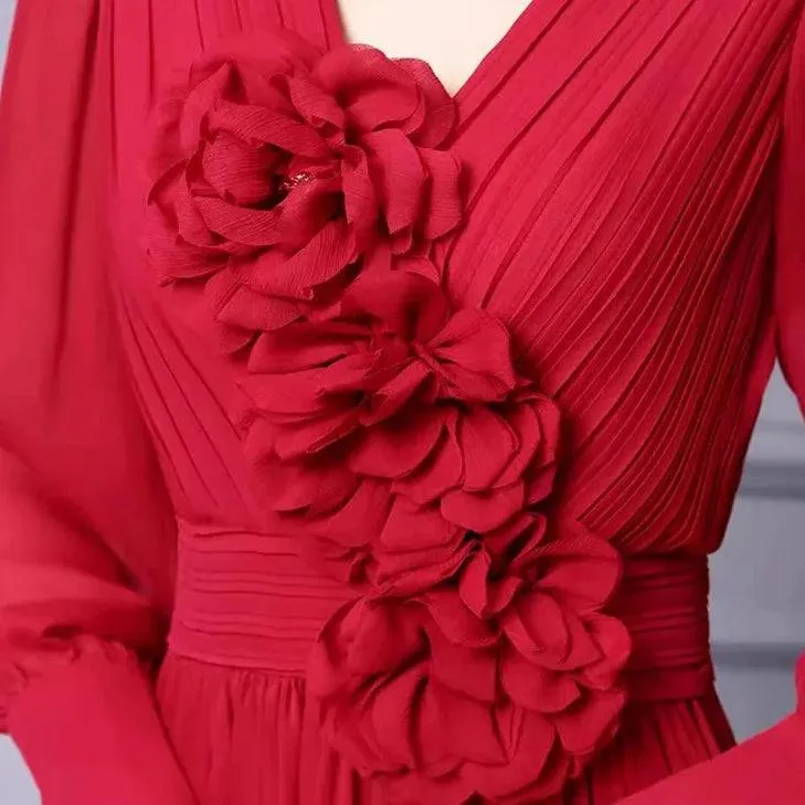 Elegant Solid Color Lantern Sleeve Dress – Women's Chic Appliqued High Waist Pleated Evening Dress for Autumn/Winter
