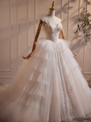 Elegant Spaghetti Straps Layered Beading Wedding Dress