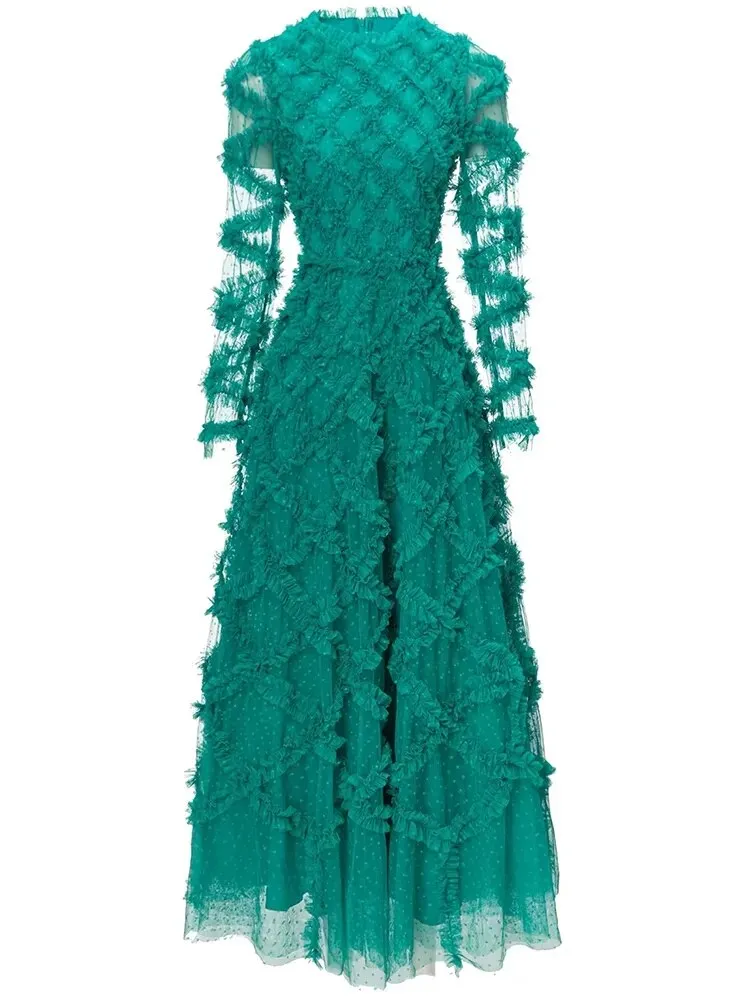Elyse Dot Mesh  O-Neck Long Sleeve Tiered Ruffles Elegant Party Long Dress