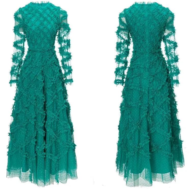 Elyse Dot Mesh  O-Neck Long Sleeve Tiered Ruffles Elegant Party Long Dress