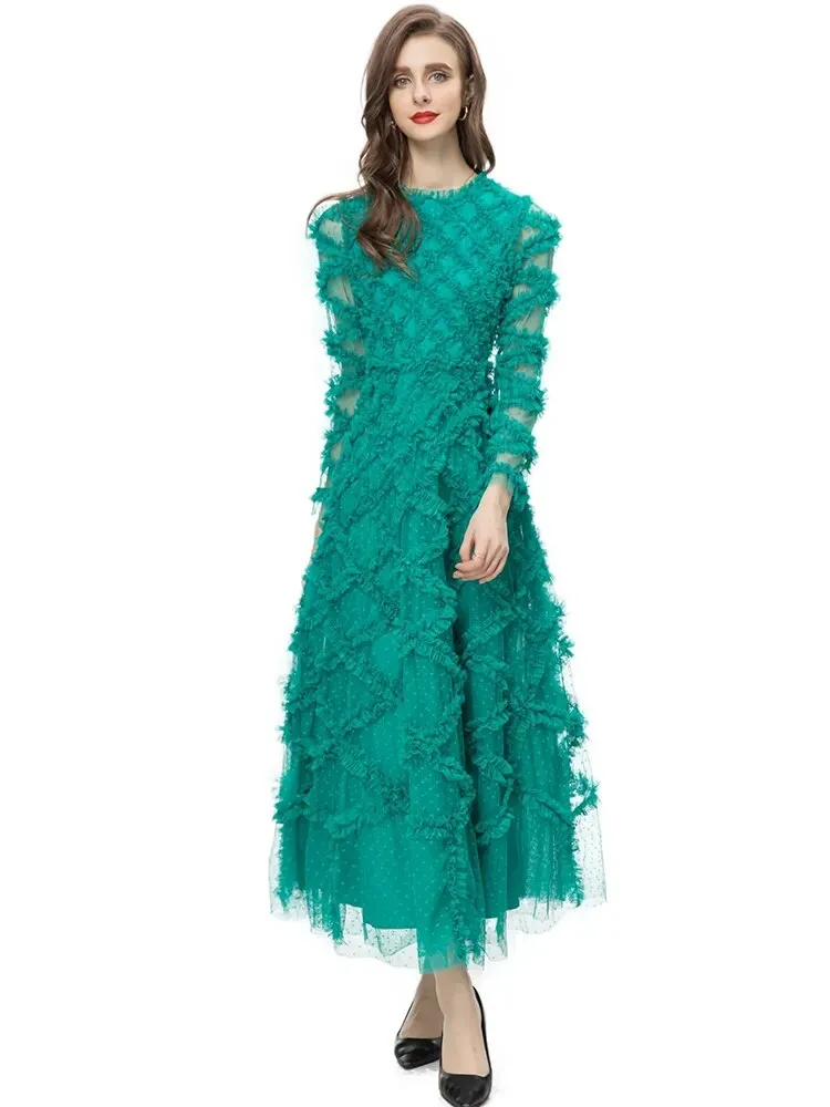 Elyse Dot Mesh  O-Neck Long Sleeve Tiered Ruffles Elegant Party Long Dress