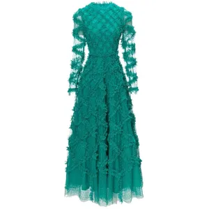 Elyse Dot Mesh  O-Neck Long Sleeve Tiered Ruffles Elegant Party Long Dress