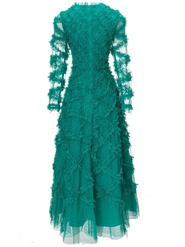 Elyse Dot Mesh  O-Neck Long Sleeve Tiered Ruffles Elegant Party Long Dress