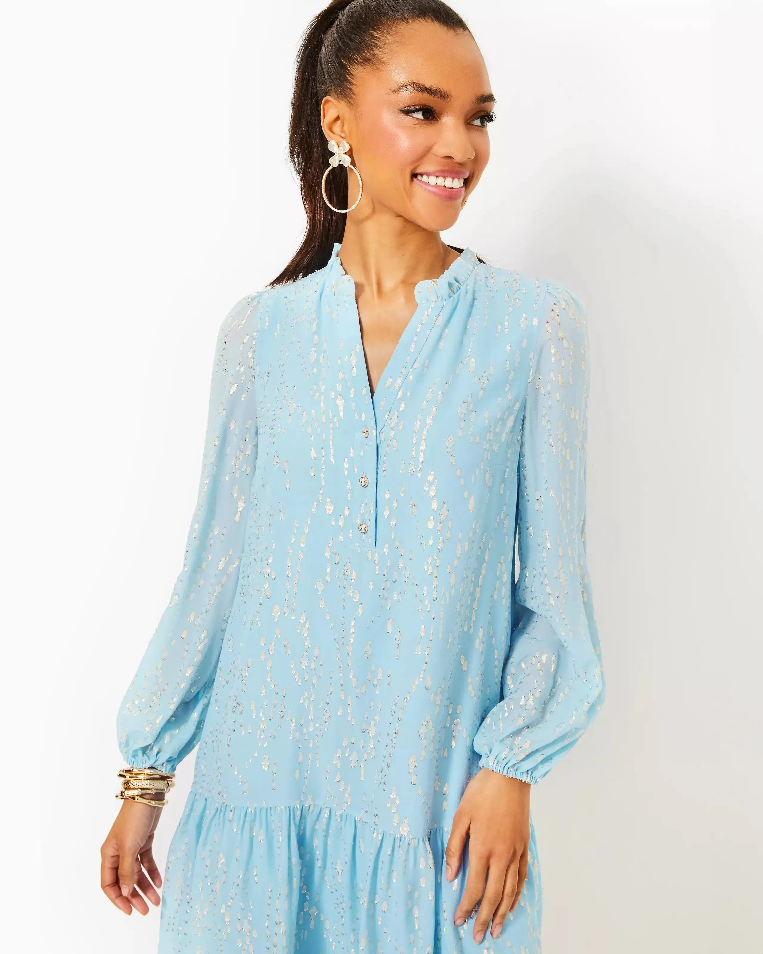 Evaline Silk Dress - Bonaire Blue Fish Clip Chiffon