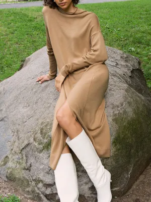 Fashion Knitted High Neck Split Midi Dress