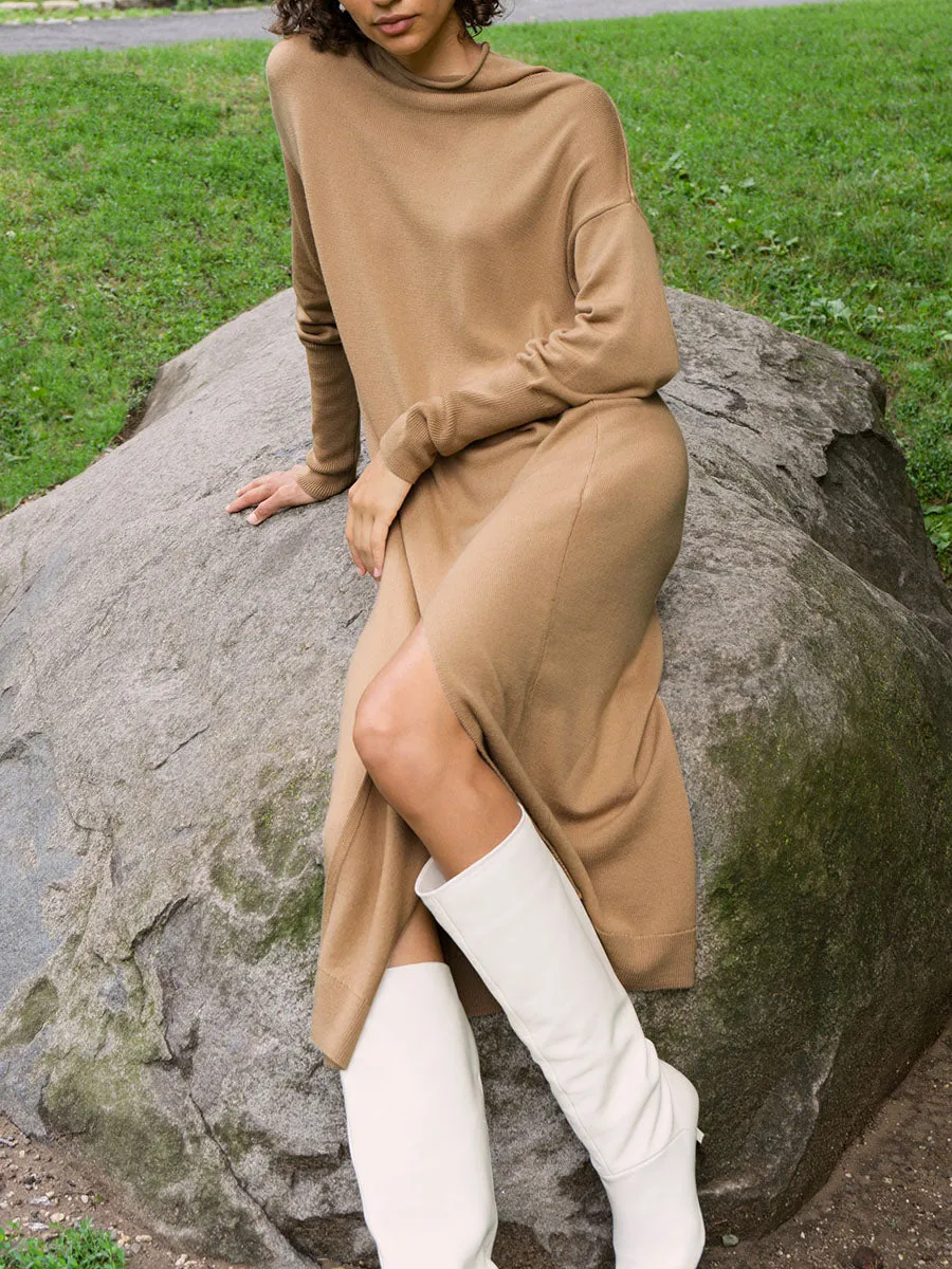Fashion Knitted High Neck Split Midi Dress
