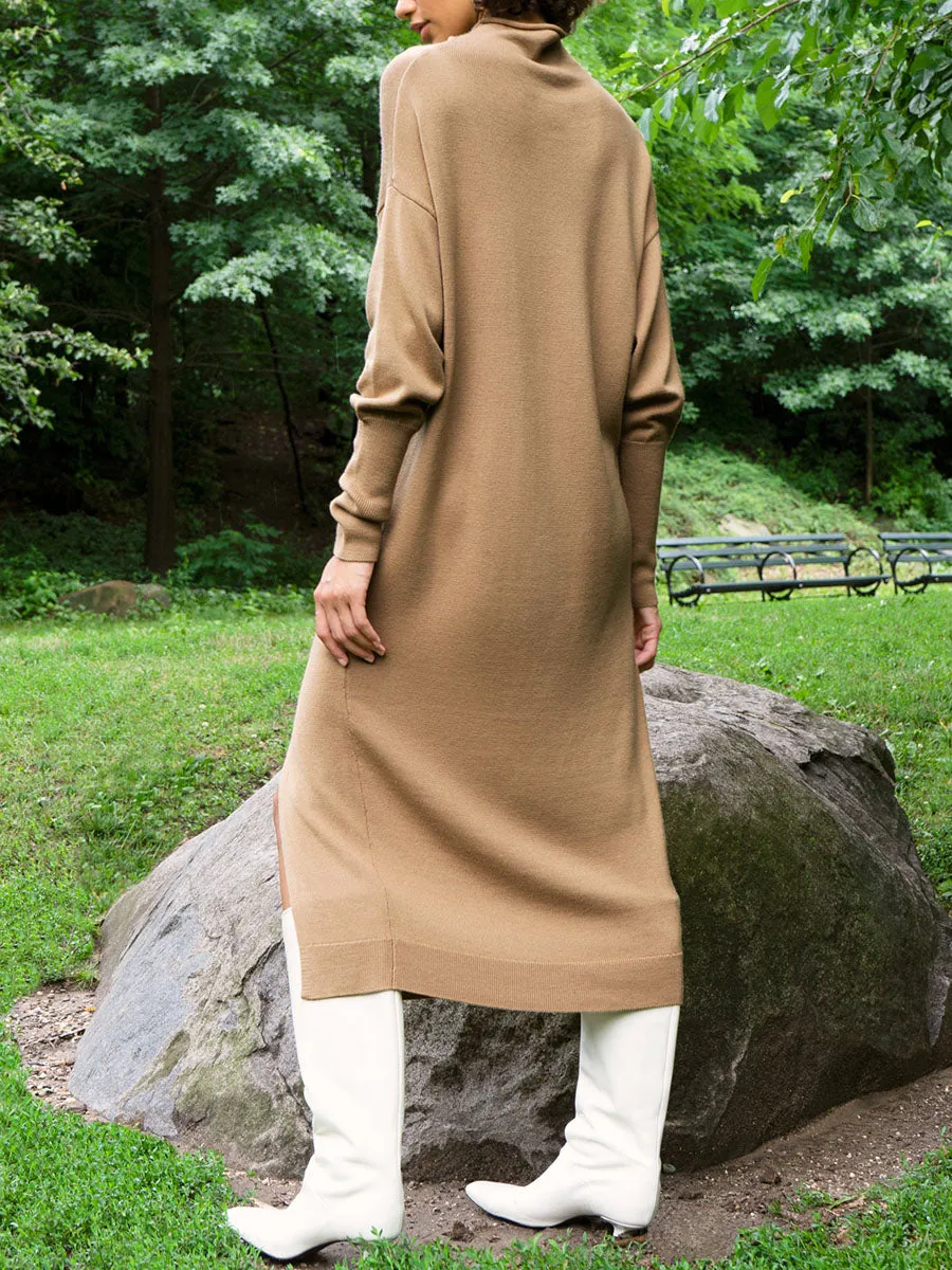 Fashion Knitted High Neck Split Midi Dress