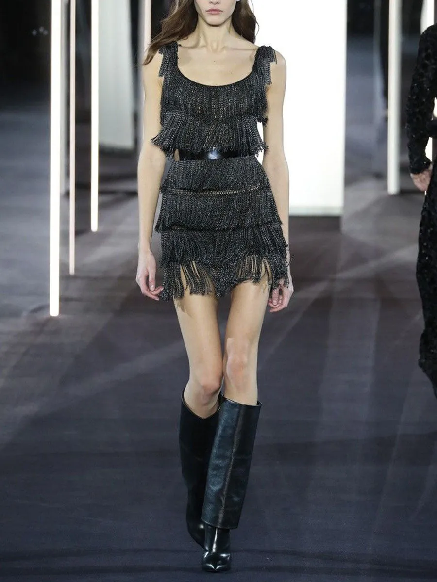 Fashion Strapless Sleeveless Fringe Mini Dress