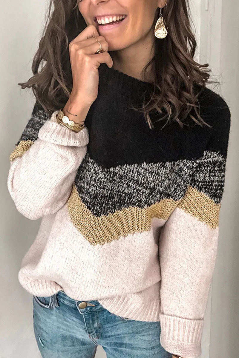 Fashion Street Patchwork O Neck Sweaters(5 Colors)
