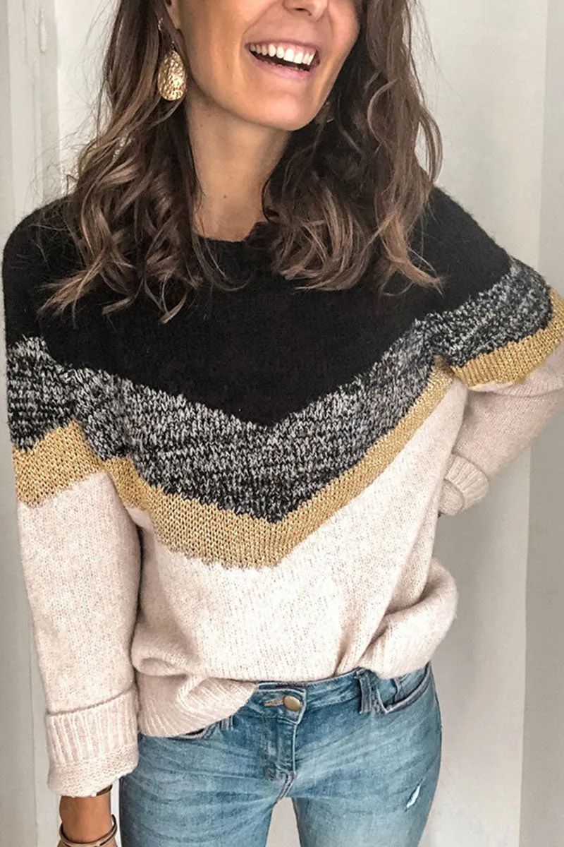 Fashion Street Patchwork O Neck Sweaters(5 Colors)