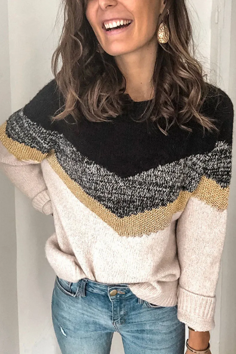 Fashion Street Patchwork O Neck Sweaters(5 Colors)