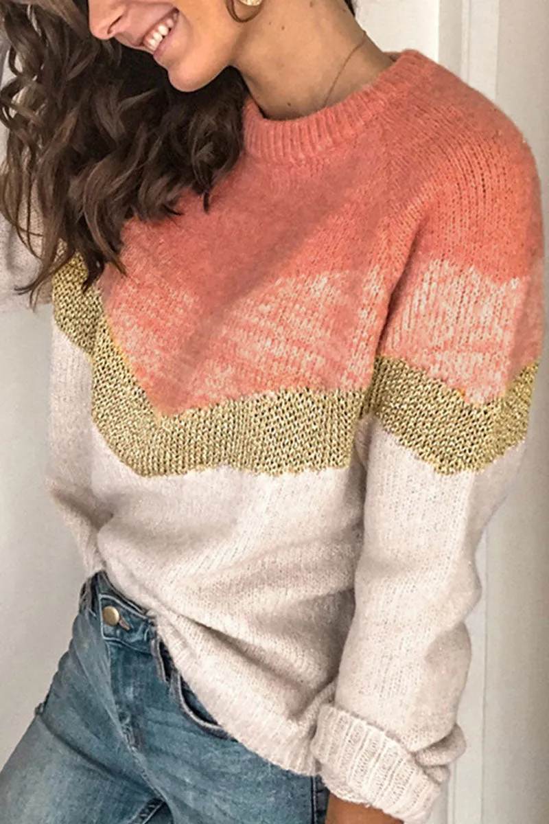 Fashion Street Patchwork O Neck Sweaters(5 Colors)