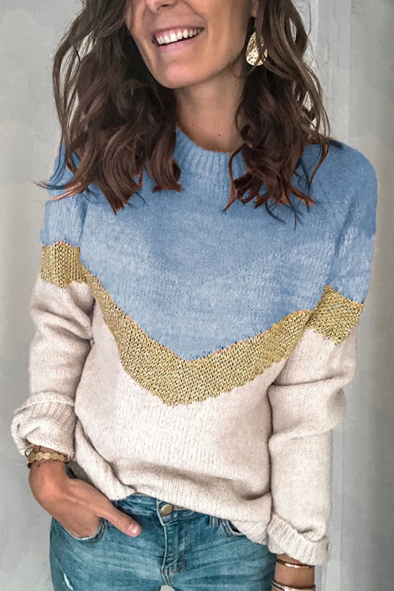 Fashion Street Patchwork O Neck Sweaters(5 Colors)