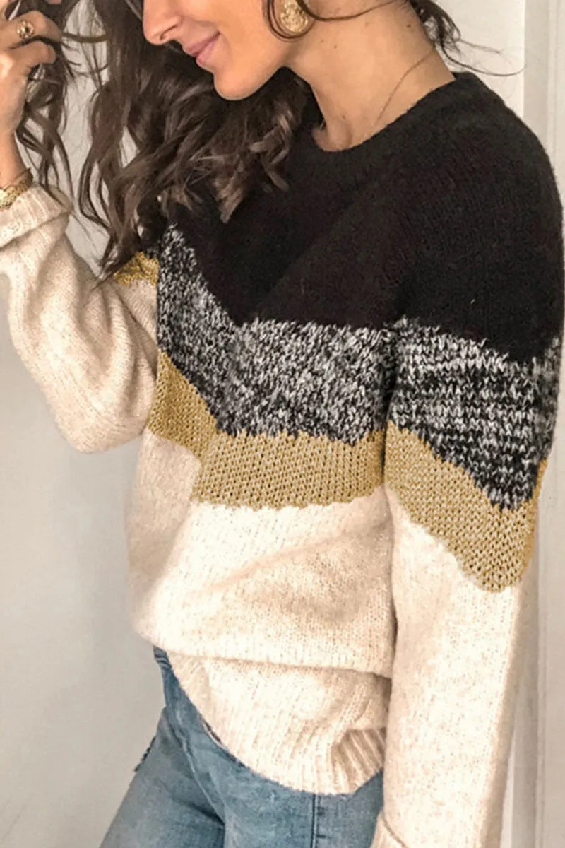 Fashion Street Patchwork O Neck Sweaters(5 Colors)