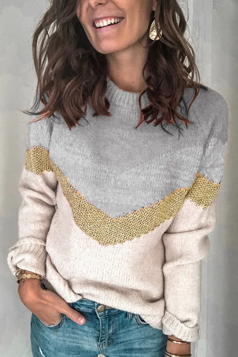 Fashion Street Patchwork O Neck Sweaters(5 Colors)