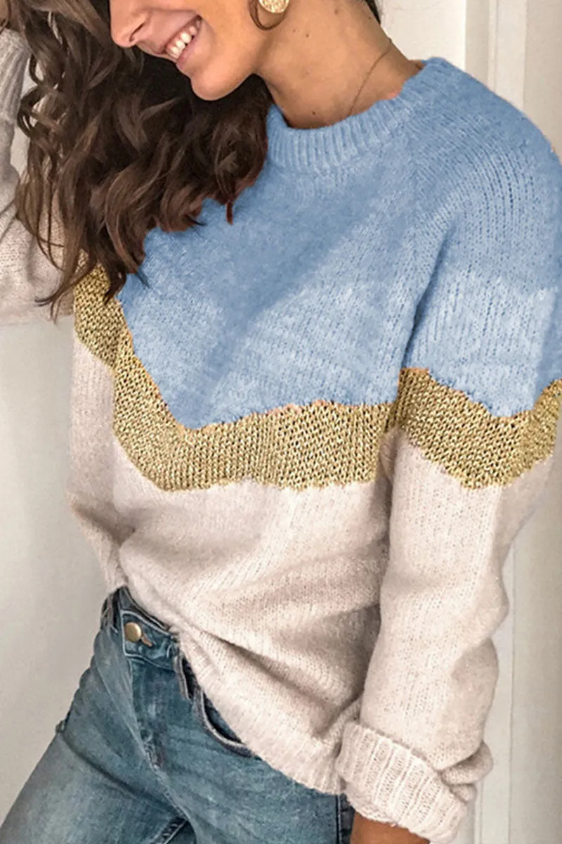 Fashion Street Patchwork O Neck Sweaters(5 Colors)