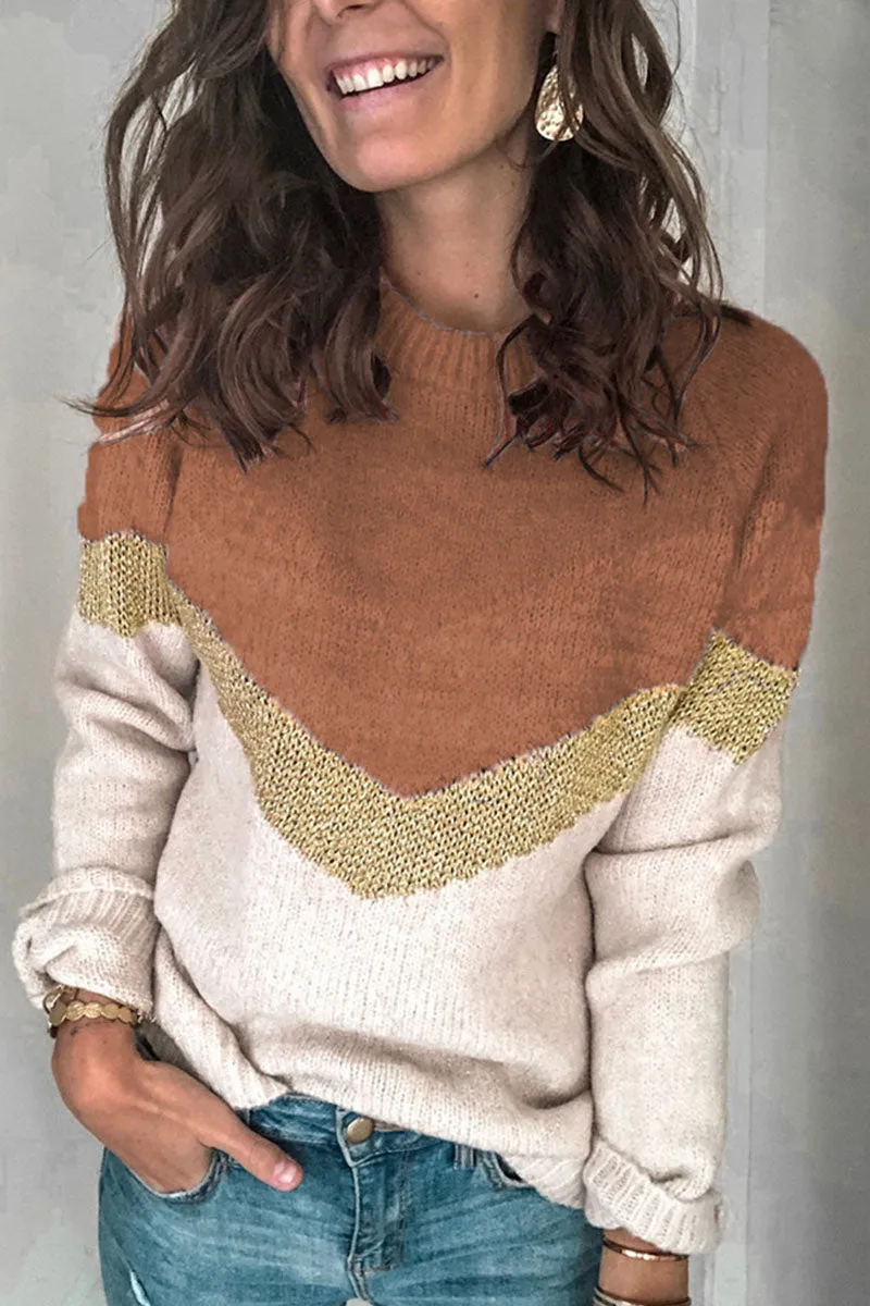 Fashion Street Patchwork O Neck Sweaters(5 Colors)