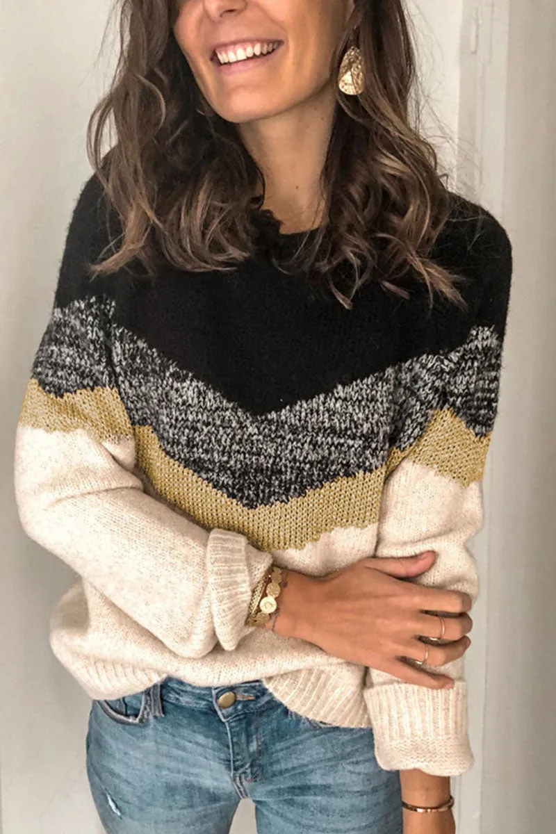 Fashion Street Patchwork O Neck Sweaters(5 Colors)