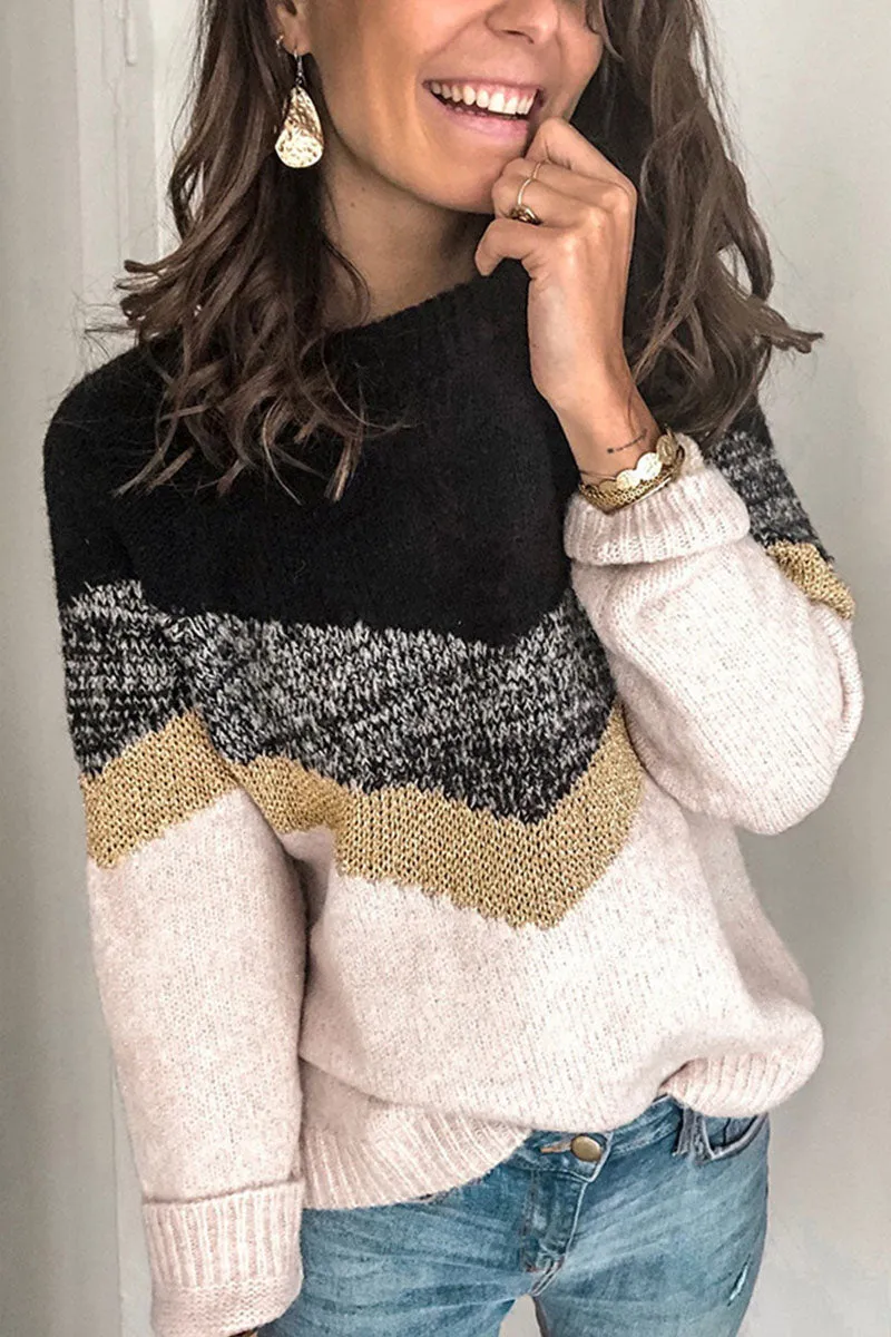 Fashion Street Patchwork O Neck Sweaters(5 Colors)
