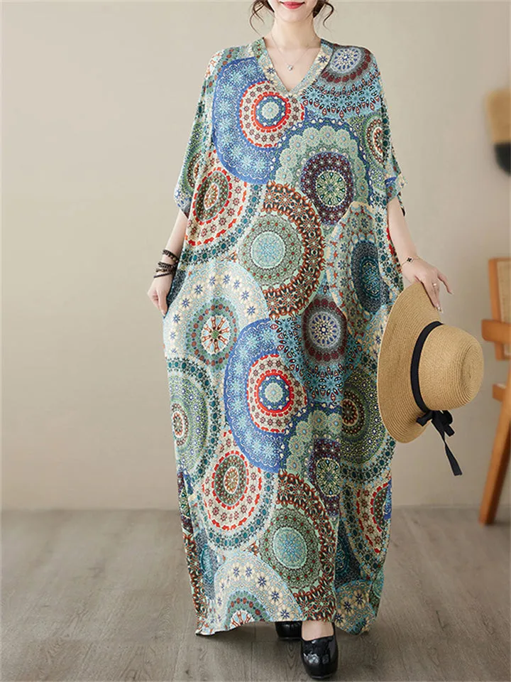 Female V-Neck Multicolor Circle Printed Beach Vacation Dress