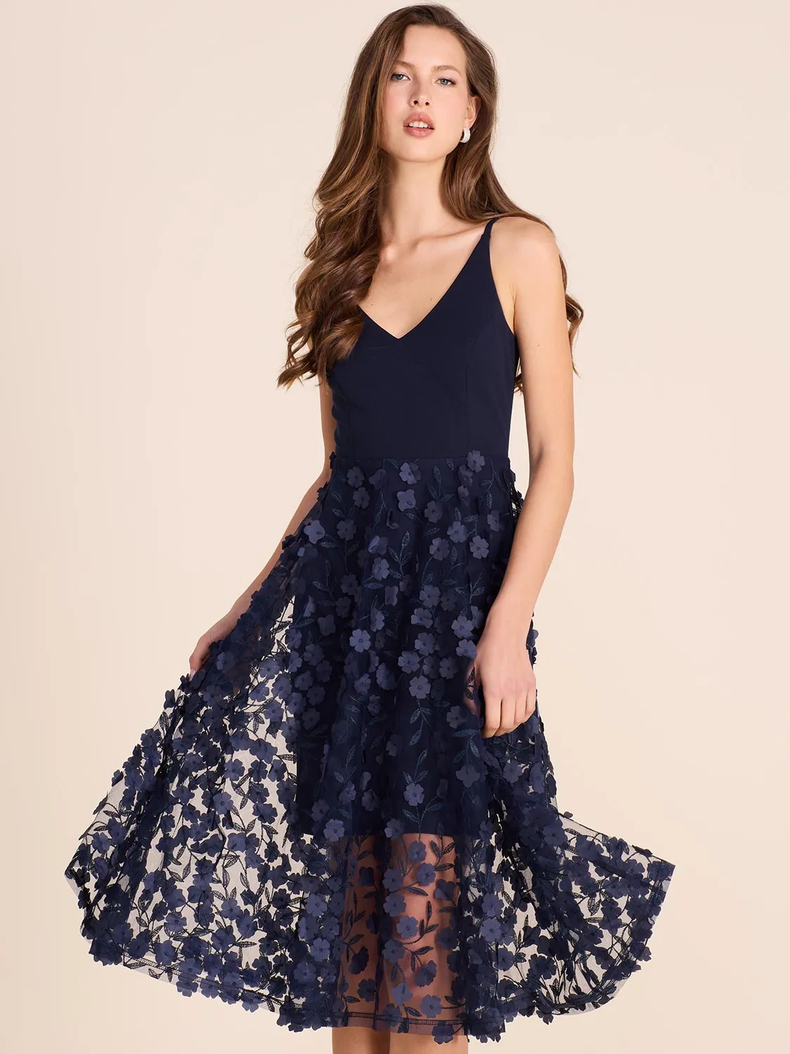 Fit & Flare Midi Dress With Floral Appliqués