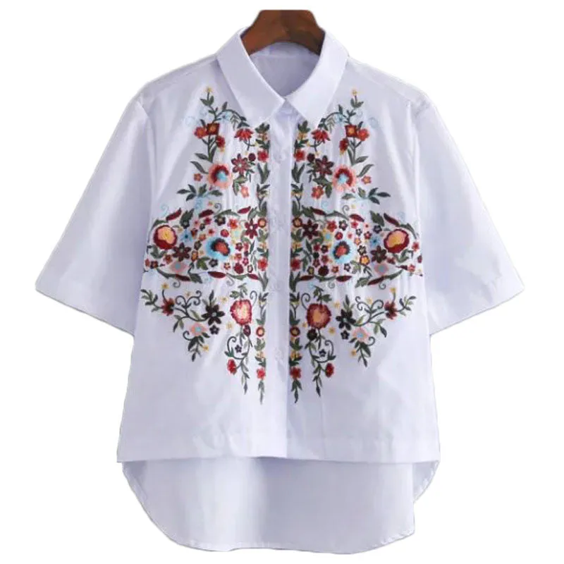 Floral Embroidery Ladies Tops And Blouses White Short Sleeve Women Shirts Elegant Fashion Ladies Office Shirts
