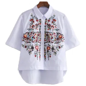 Floral Embroidery Ladies Tops And Blouses White Short Sleeve Women Shirts Elegant Fashion Ladies Office Shirts