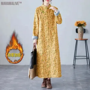 Floral Fleece Dress Women Vintage Button Velvet Thickened Modified Cheongsam Large Size Long Sleeve Dress T864