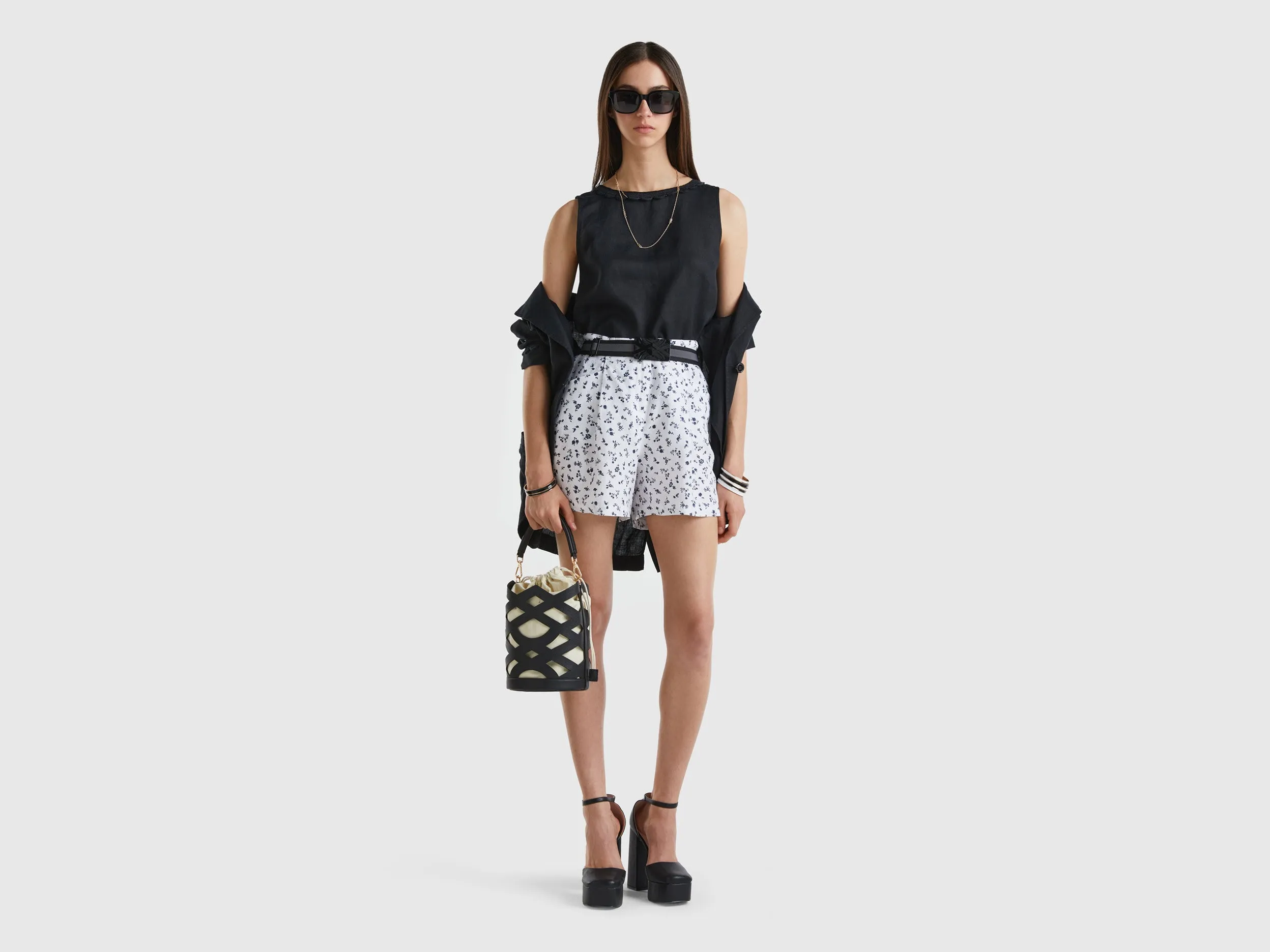 Floral Pattern Centered Front Pleat White Shorts