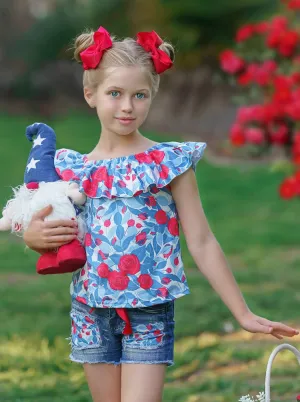 Floral Princess Top and Patched Denim Short Set