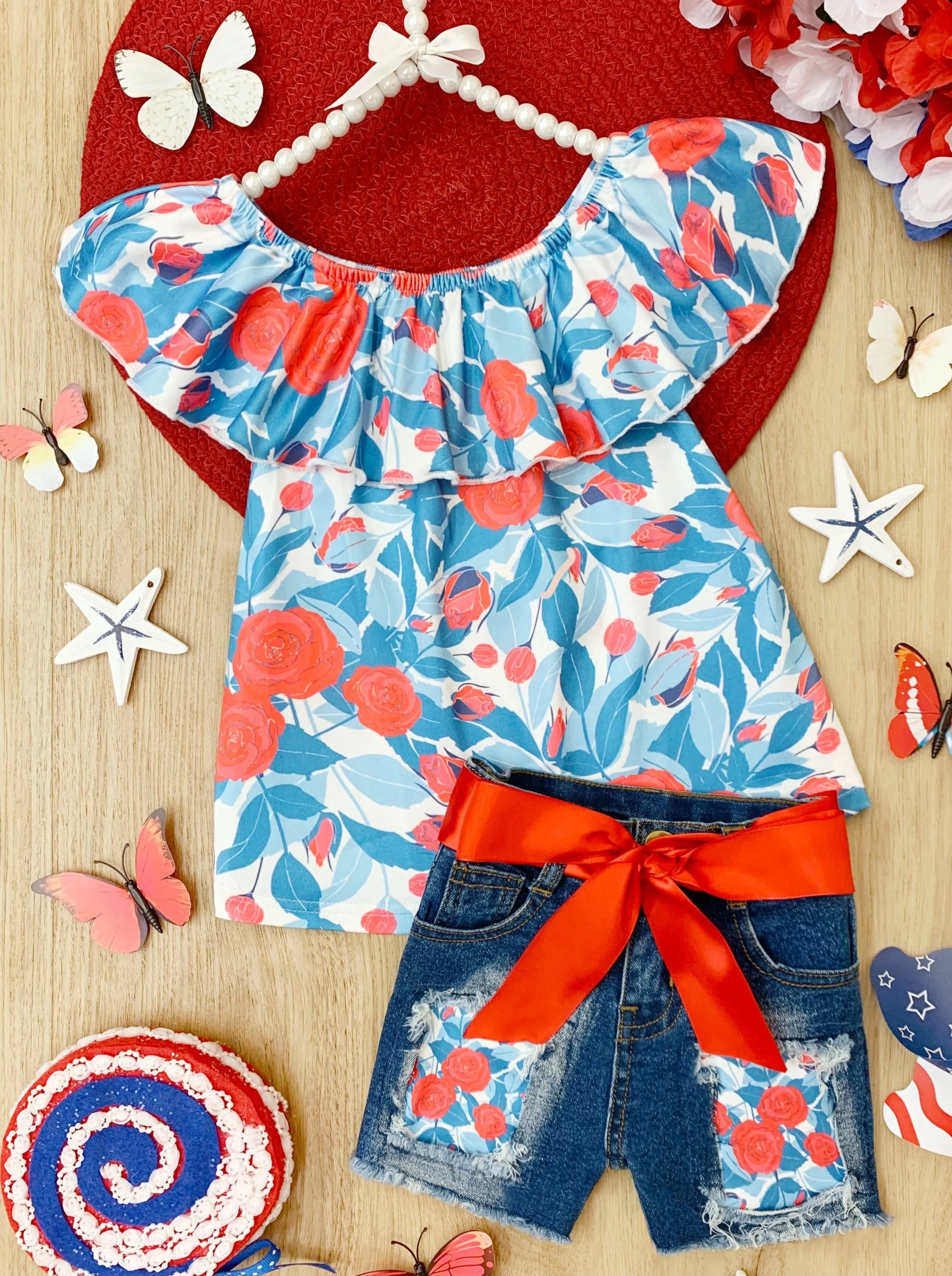Floral Princess Top and Patched Denim Short Set