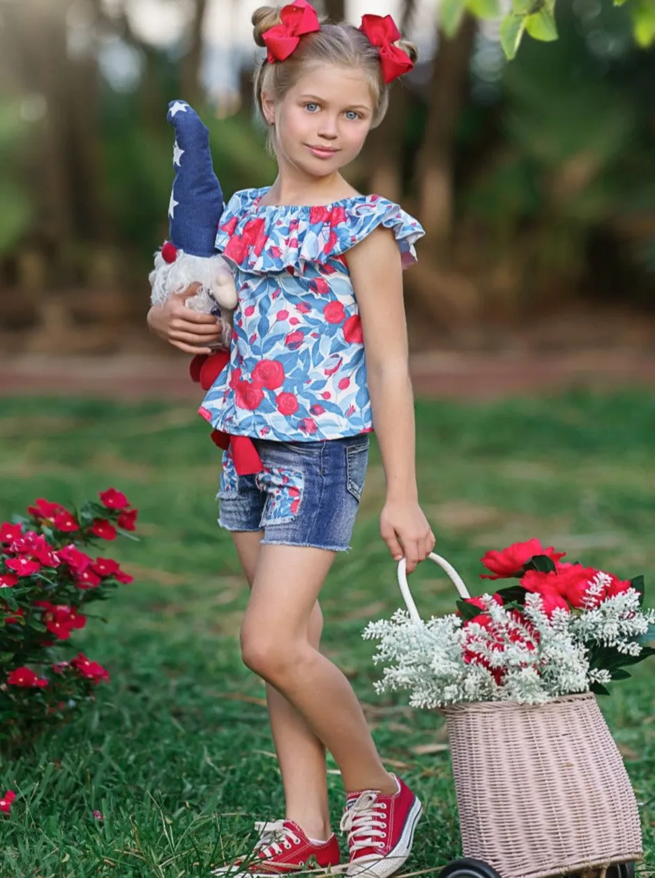 Floral Princess Top and Patched Denim Short Set