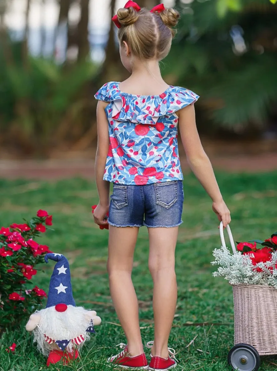 Floral Princess Top and Patched Denim Short Set
