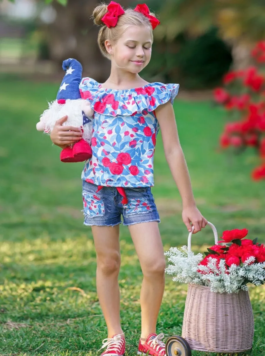 Floral Princess Top and Patched Denim Short Set