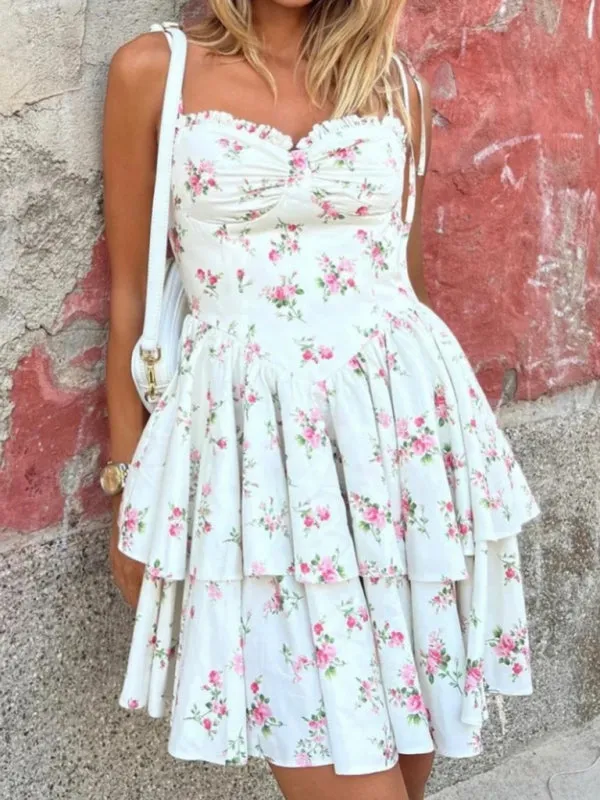 Floral Print Mini Dress with Layered Tiered Skirt and Sweetheart Neckline