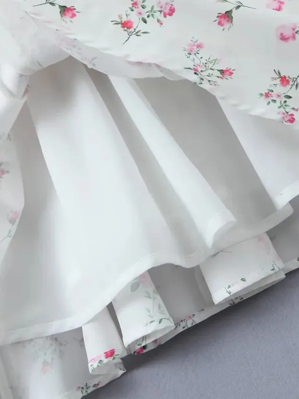 Floral Print Mini Dress with Layered Tiered Skirt and Sweetheart Neckline