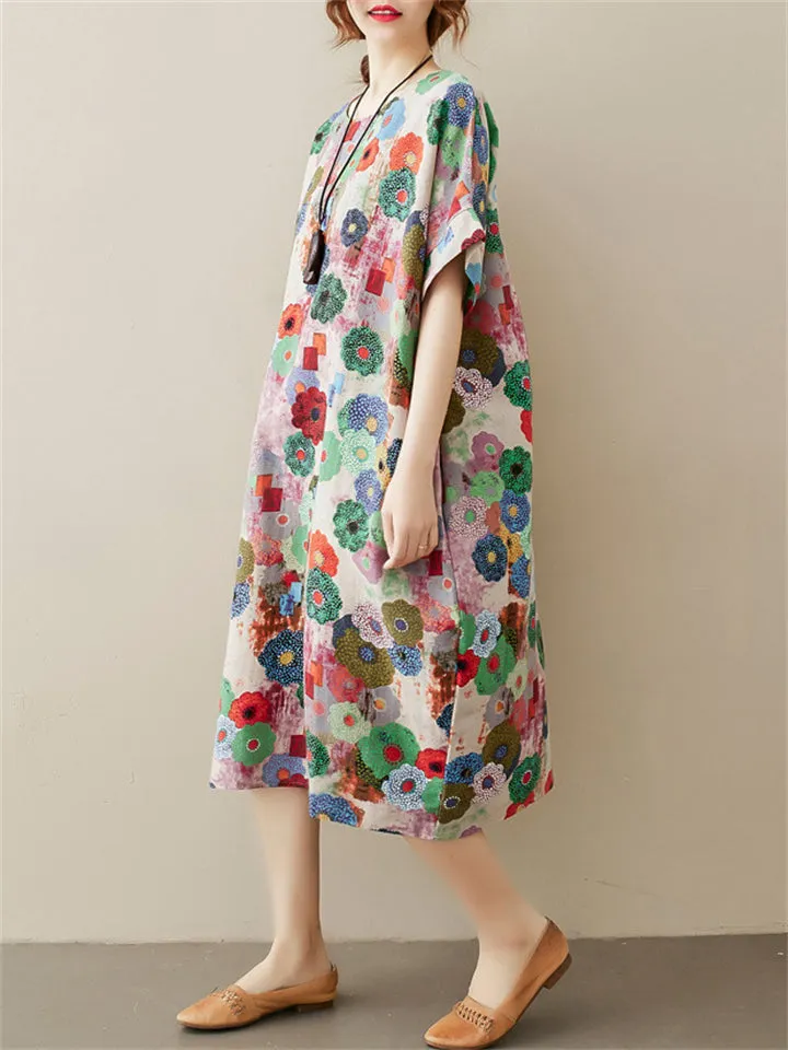 Flower Print Round Neck Mid-length Dress for Women