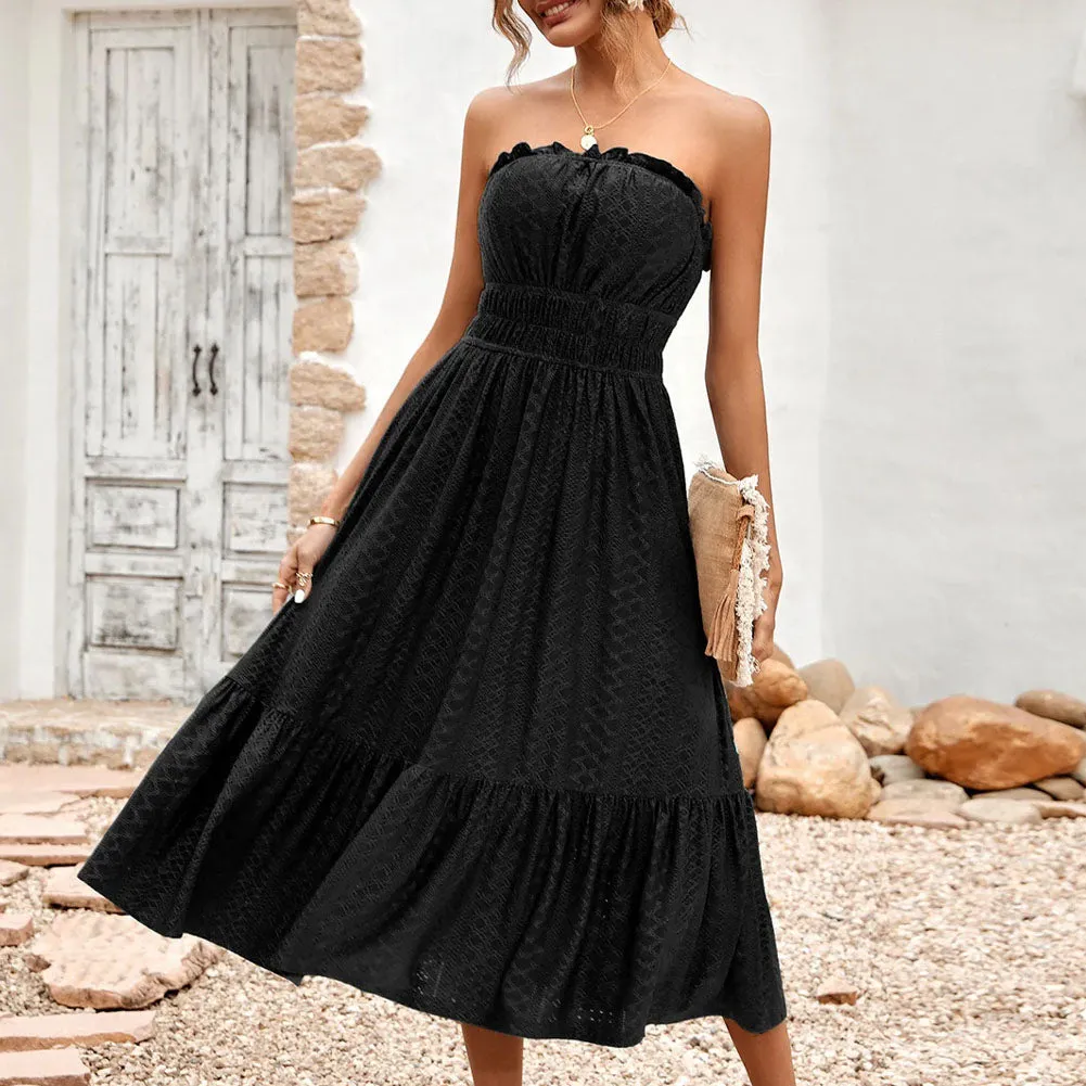 Frill Trim Strapless Midi Dress