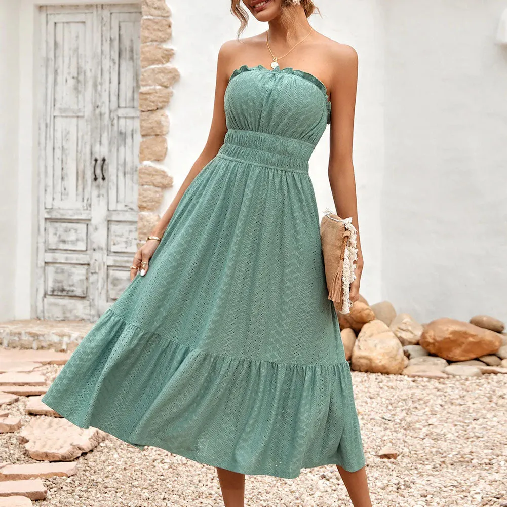 Frill Trim Strapless Midi Dress