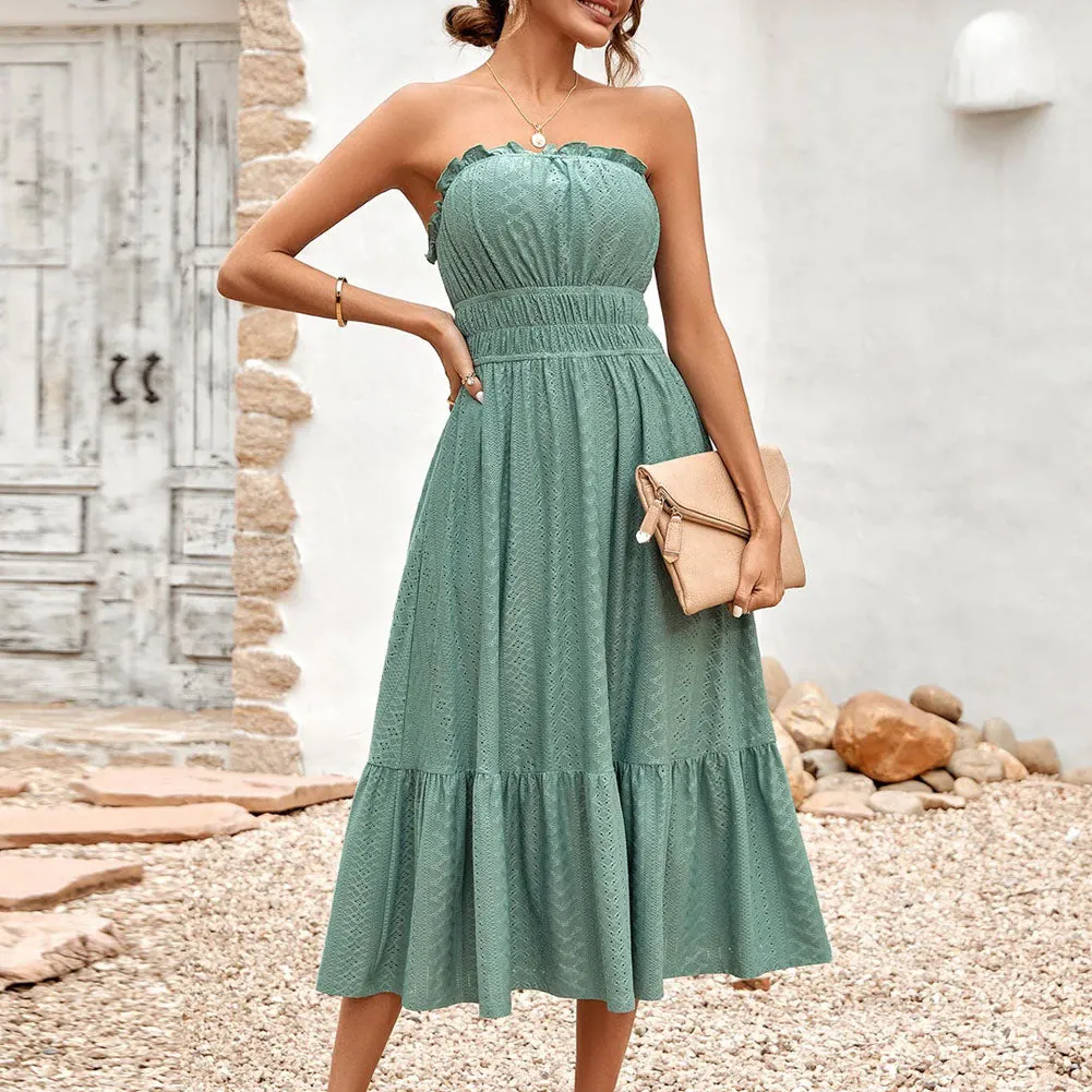 Frill Trim Strapless Midi Dress