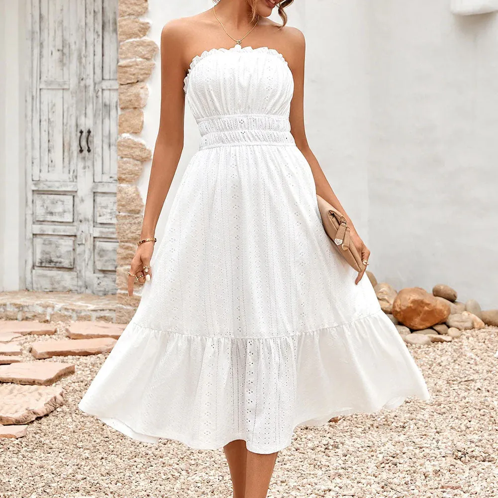 Frill Trim Strapless Midi Dress