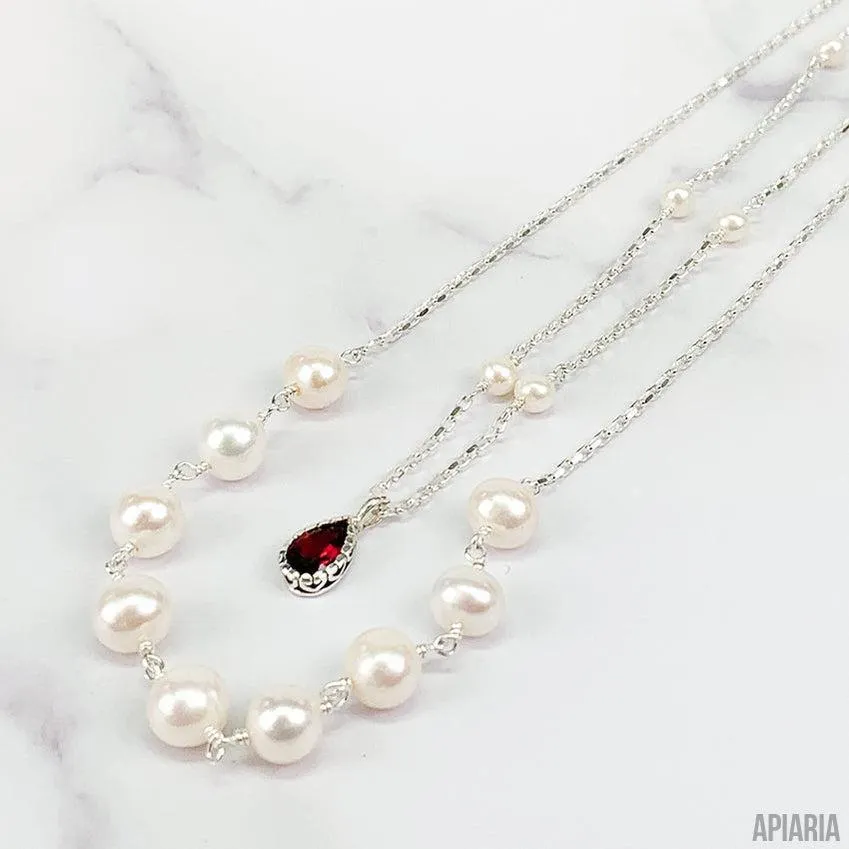 Garnet & White Pearl Layered Necklace