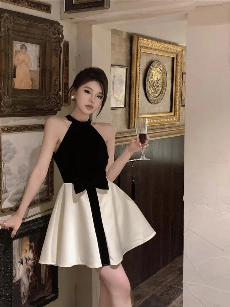 Geuxml  Women Fashion Office Elegant Dress Sleeveless Beach Slim Party Prom French Lady Black White Mini Dresses Bow Clothes Temperament