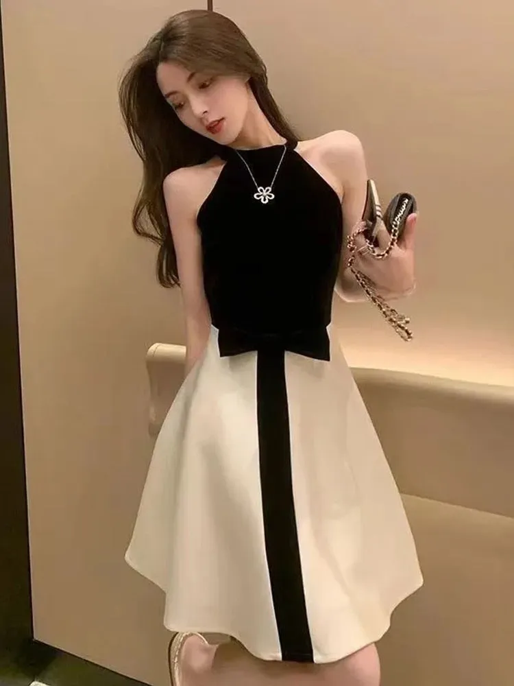 Geuxml  Women Fashion Office Elegant Dress Sleeveless Beach Slim Party Prom French Lady Black White Mini Dresses Bow Clothes Temperament