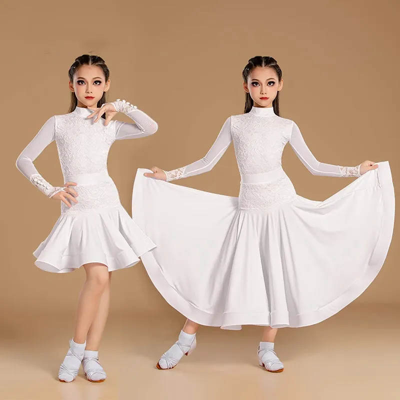 Girls Ballroom Dance Dresses Mint White Latin Lace Tango Waltz Dance Long Gown for Kids  3pcs in One Set