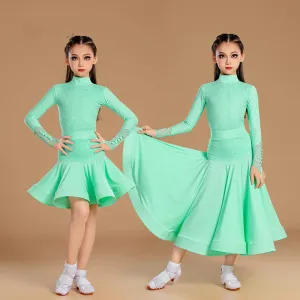 Girls Ballroom Dance Dresses Mint White Latin Lace Tango Waltz Dance Long Gown for Kids  3pcs in One Set