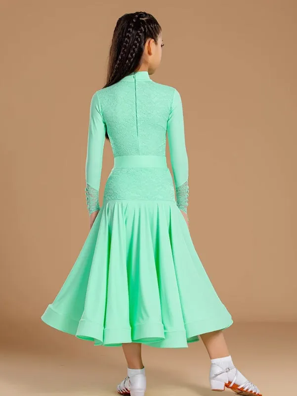 Girls Ballroom Dance Dresses Mint White Latin Lace Tango Waltz Dance Long Gown for Kids  3pcs in One Set