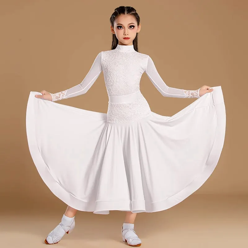 Girls Ballroom Dance Dresses Mint White Latin Lace Tango Waltz Dance Long Gown for Kids  3pcs in One Set