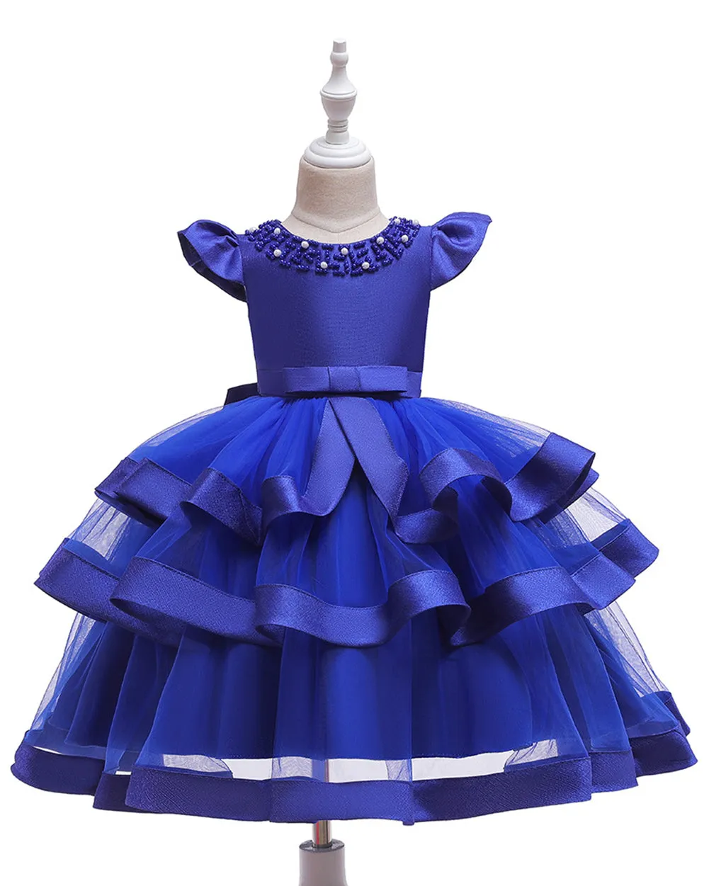 Girls Layered Knee-length Pearl Decor Birthday Party Dress
